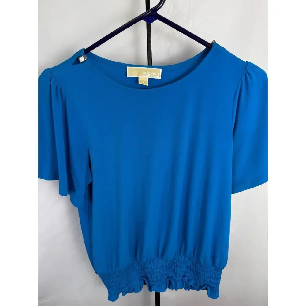 Michael Kors Blue Blouson Smocked Waist Short Sleeve Top Small